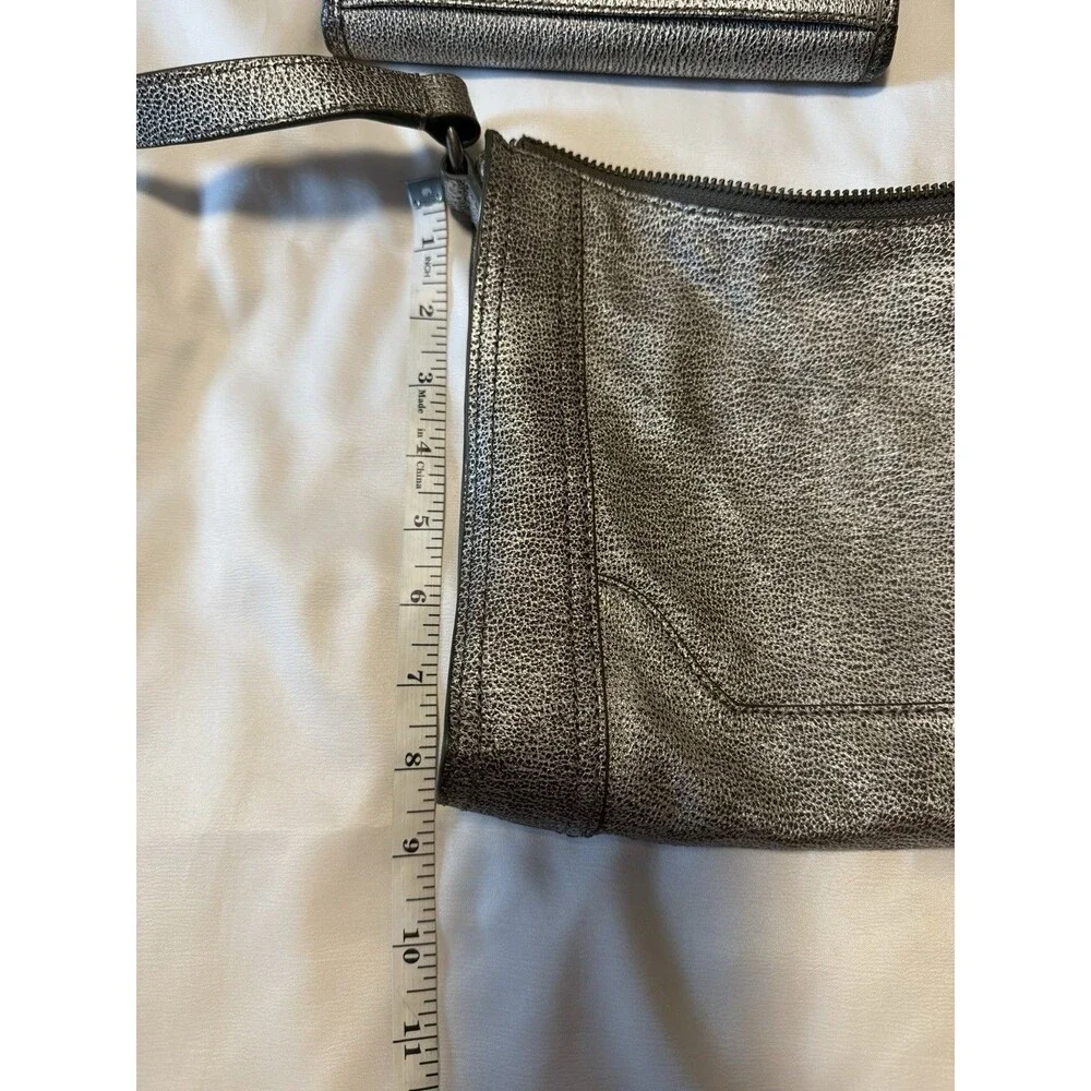 Frye Metallic Leather Crossbody Bag + Matching Wallet Pewter Silver Set